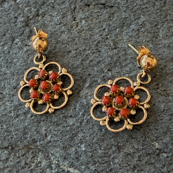 Vintage Zuni Native American Handcrafted 14K Red Coral Earrings - Picture 11 of 15